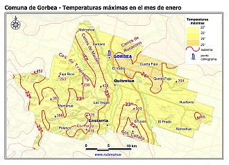 Mapa de las isotermas de las temperaturas máximas de enero