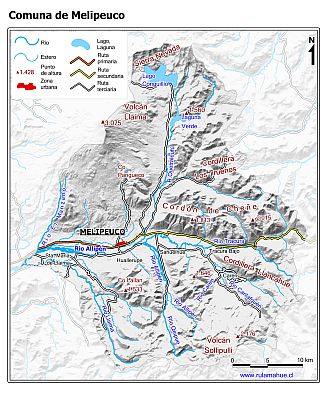 Mapa de la comuna de Melipeuco con fondo blanco sombreado