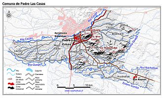 Mapa de la comuna de Padre Las Casas con fondo blanco sombreado