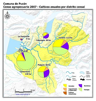 Mapa con gráficos de torta que muestran los diferentes tipos de cultivos anuales por distrito censal