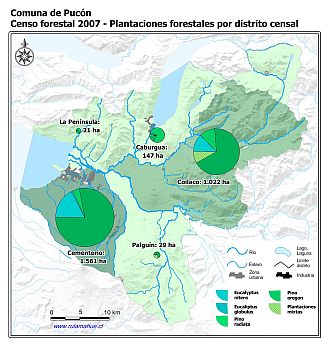 Mapa con gráficos de torta que muestran los diferentes tipos de arboles plantados por distrito censal