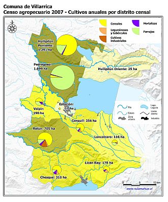 Mapa con gráficos de torta que muestran los diferentes tipos de cultivos anuales por distrito censal