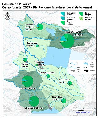 Mapa con gráficos de torta que muestran los diferentes tipos de arboles plantados por distrito censal