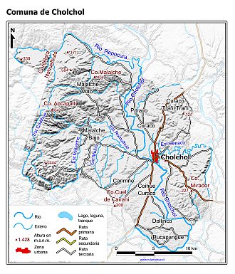 Mapa de la comuna de Cholchol con fondo blanco sombreado