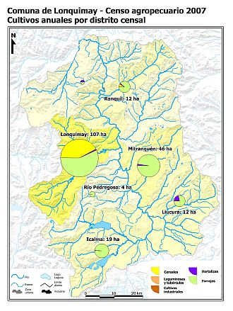 Mapa con gráficos de torta que muestran los diferentes tipos de cultivos anuales por distrito censal