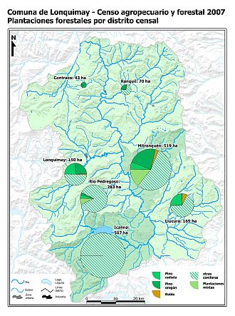 Mapa con gráficos de torta que muestran los diferentes tipos de arboles plantados por distrito censal