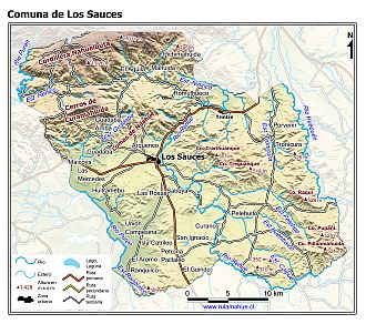 Mapa de la comuna de Los Sauces con fondo coloreado
