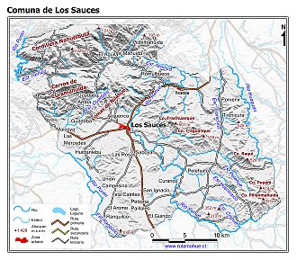 Mapa de la comuna de Los Sauces con fondo blanco sombreado