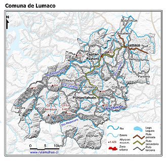 Mapa de la comuna de Lumaco con fondo blanco sombreado