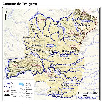 Mapa de la comuna de Traiguén con fondo coloreado