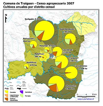 Mapa con gráficos de torta que muestran los diferentes tipos de cultivos anuales por distrito censal