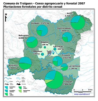 Mapa con gráficos de torta que muestran los diferentes tipos de arboles plantados por distrito censal
